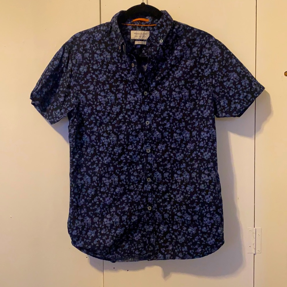 Men’s navy blue floral button down shirt